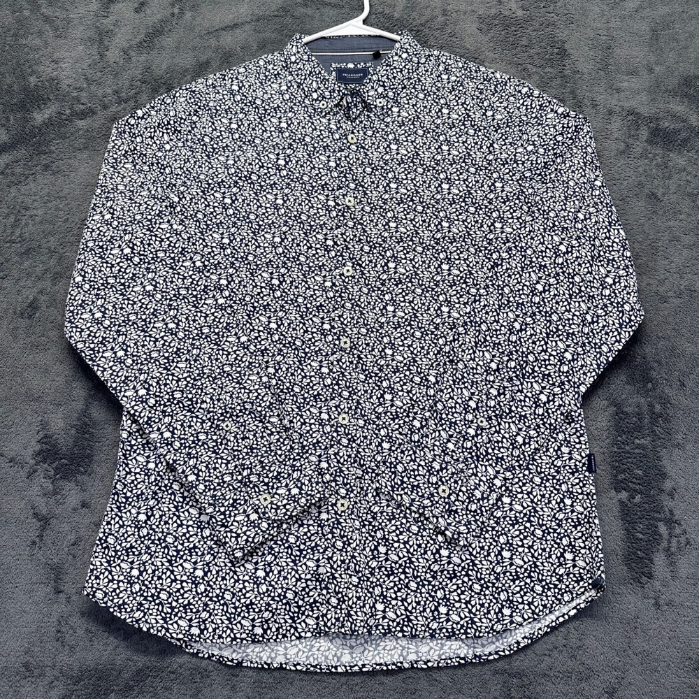 7Diamonds Button Down Shirt Mens Large Navy White Floral Lithography Long Sleeve